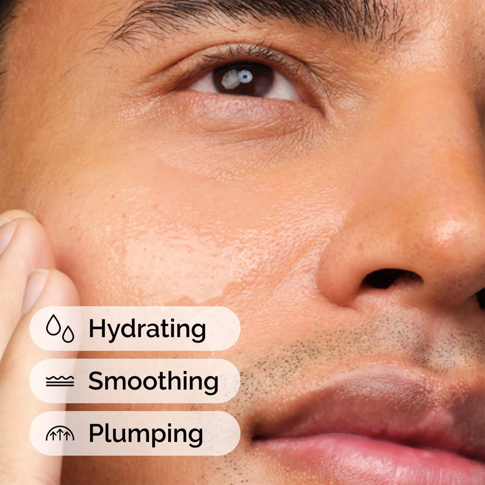 Close-up of a man's face with text indicating hydrating, smoothing, and plumping effects. Monza fashion outlet, monza outlet, shein outlet, shien outlet cosmetics, makeup, perfume