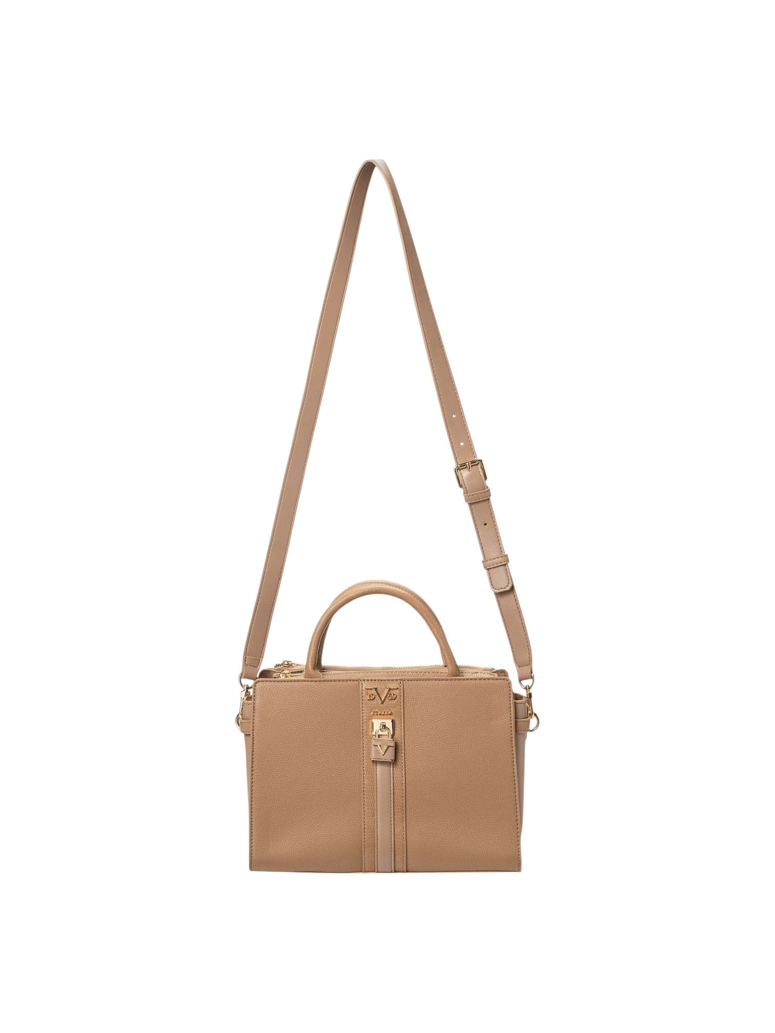 A structured tan leather handbag with a top handle, a detachable shoulder strap, and a front vertical strap detail with a gold-tone lock and logo hardware, shown on a plain white background. 19V69 Italia, Monza Outlet, Monza Fashion, Shein Outlet