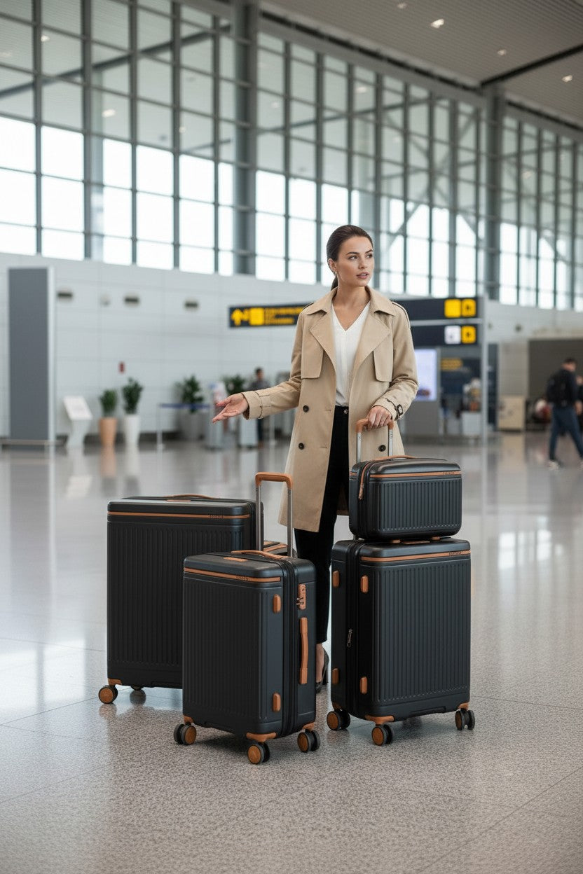Woman with multiple suitcases in an airport terminal. Binhao, Monza Outlet, Monza Fashion, Shein Outlet