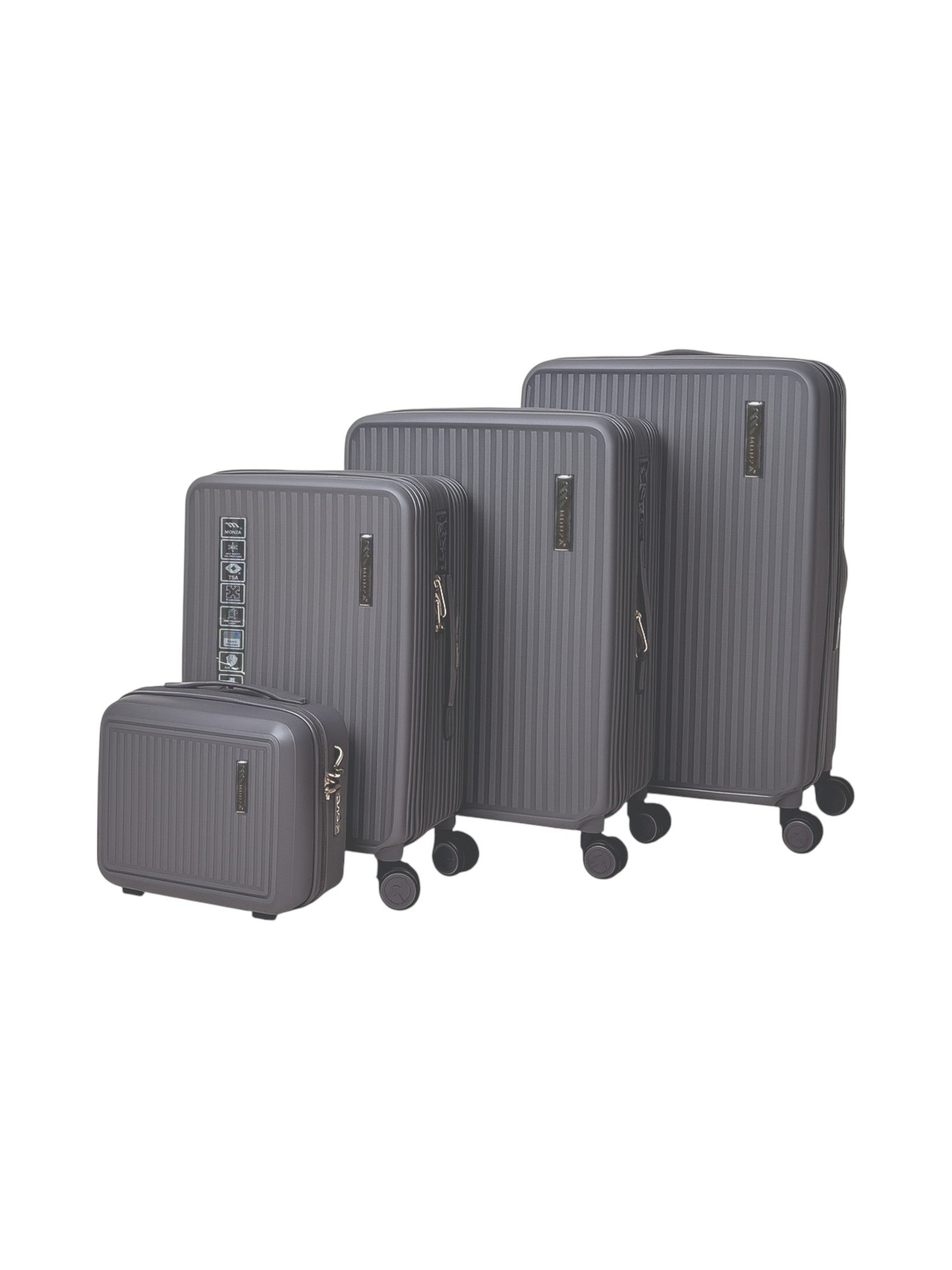 Set of four gray suitcases of different sizes on a white background Monza Italy Monza Outlet