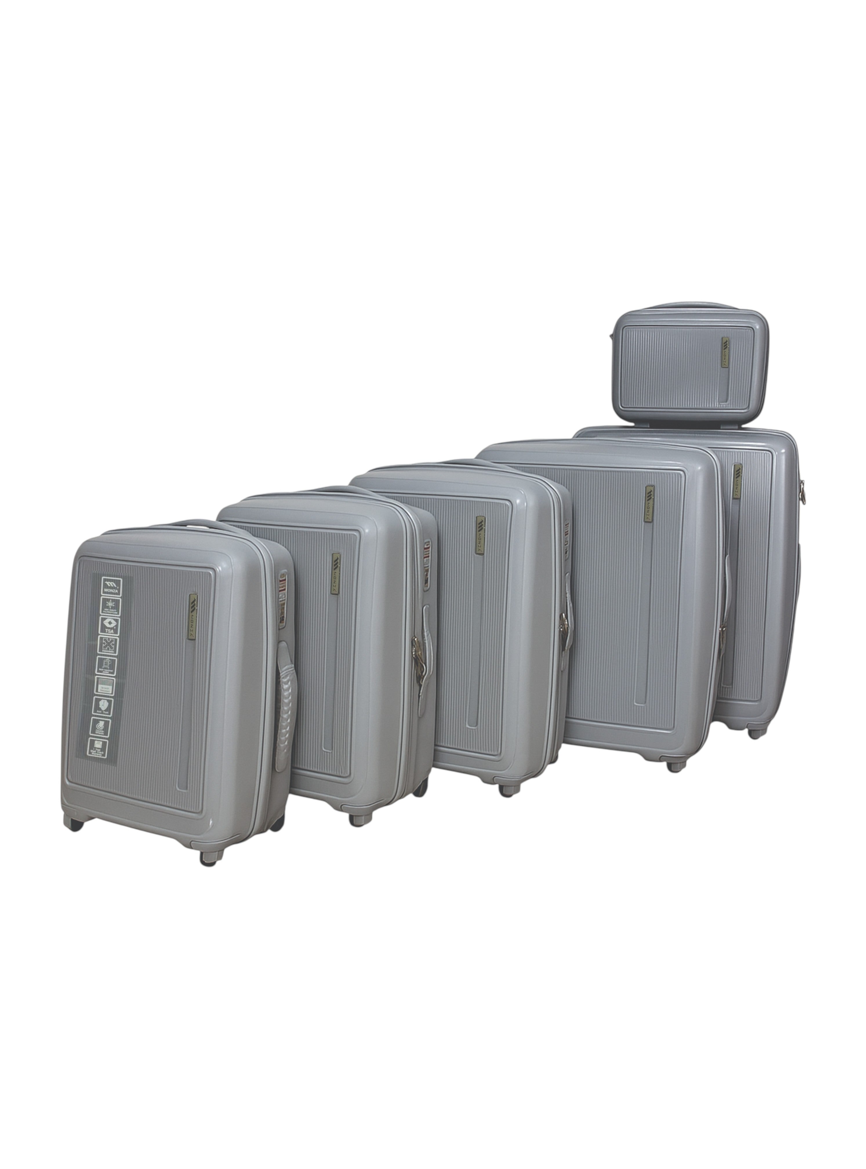 Set of gray suitcases of different sizes on a white background Monza Italy Monza Outlet