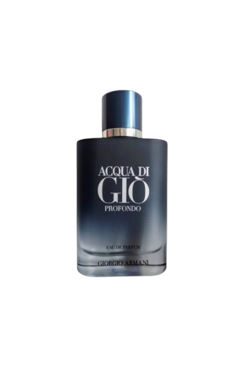 Perfume bottle of Acqua di Giò Profondo by Giorgio Armani on a white background. Monza Outlet