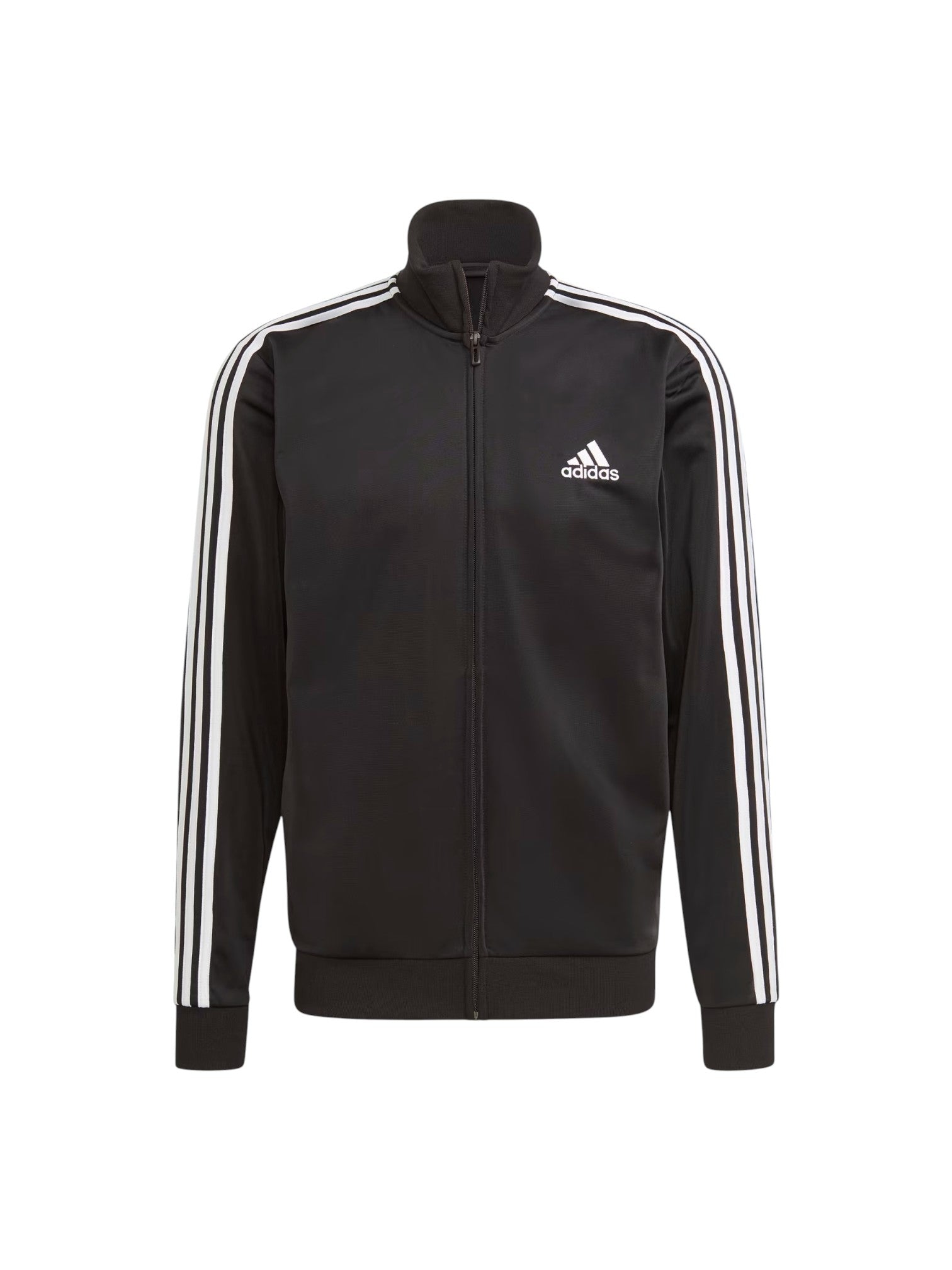 Black Adidas tracksuit jacket with white stripes on a white background. Adidas, Monza Outlet, Monza Fashion, Shein Outlet