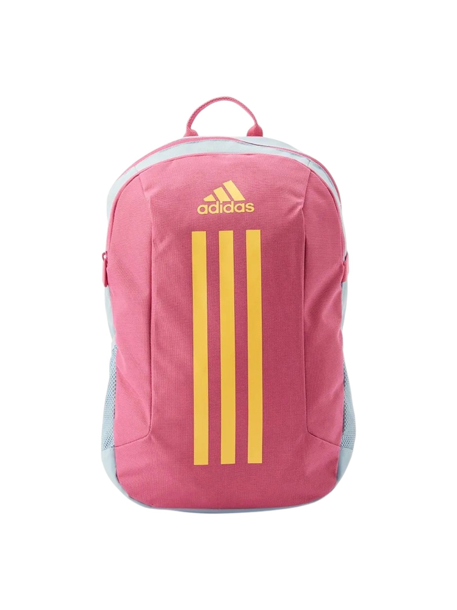 Pink Adidas backpack with three yellow stripes on a white background. Adidas, Monza Outlet, Monza Fashion, Shein Outlet