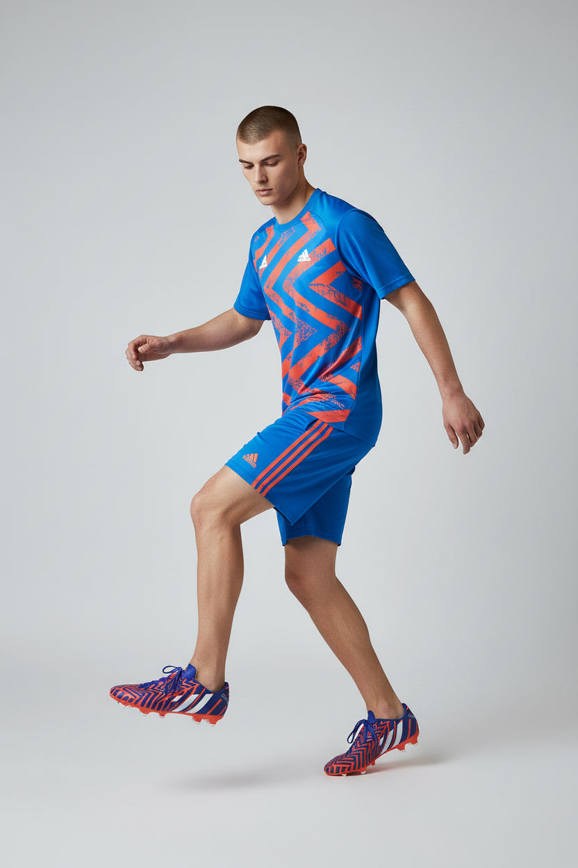 Person wearing a blue and red sports outfit with a gray background. Adidas, Monza Outlet, Monza Fashion, Shein Outlet