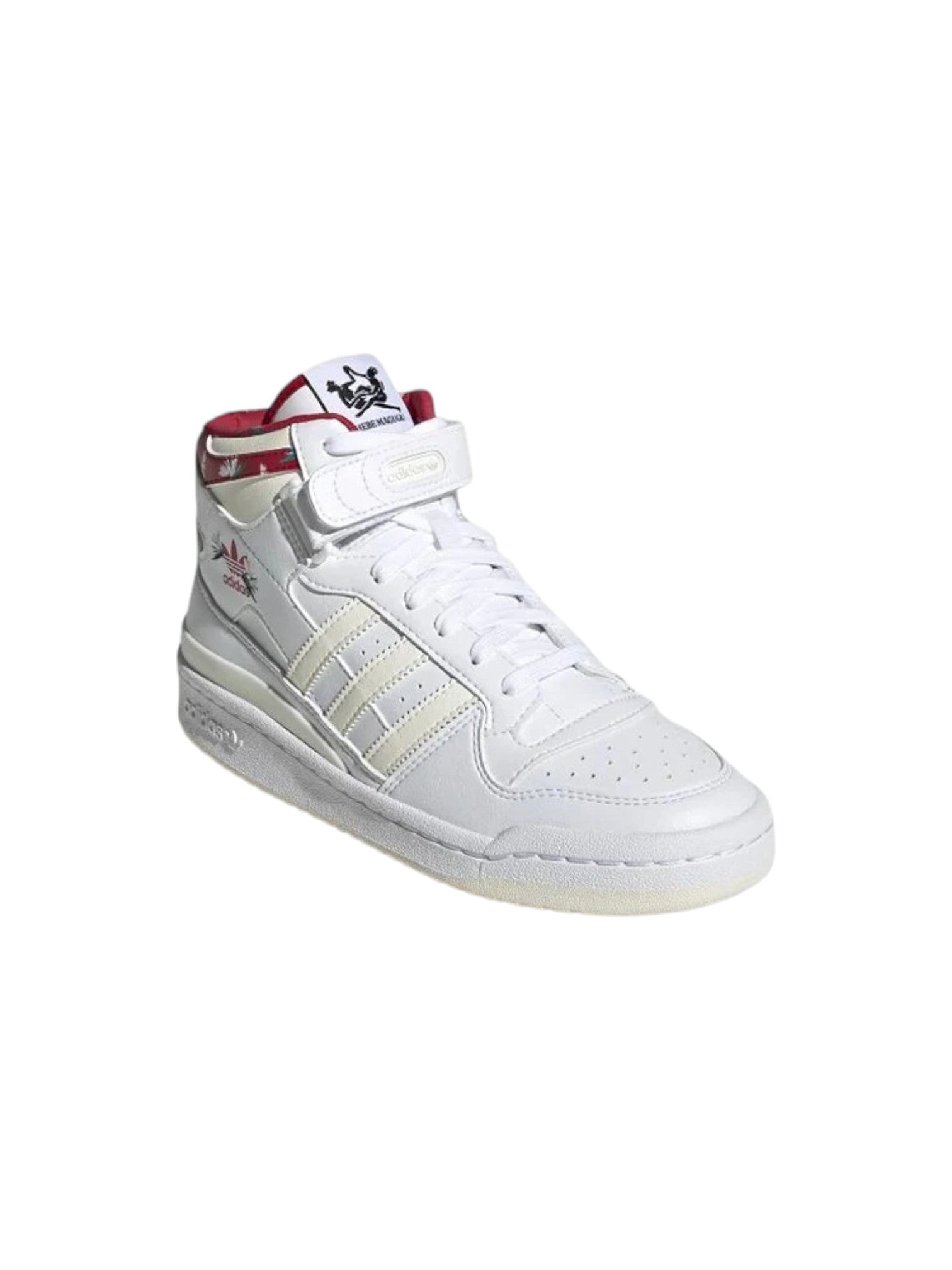 White high-top sneaker with red accents on a white background.Adidas, Monza Outlet, Monza Fashion, Shein Outlet