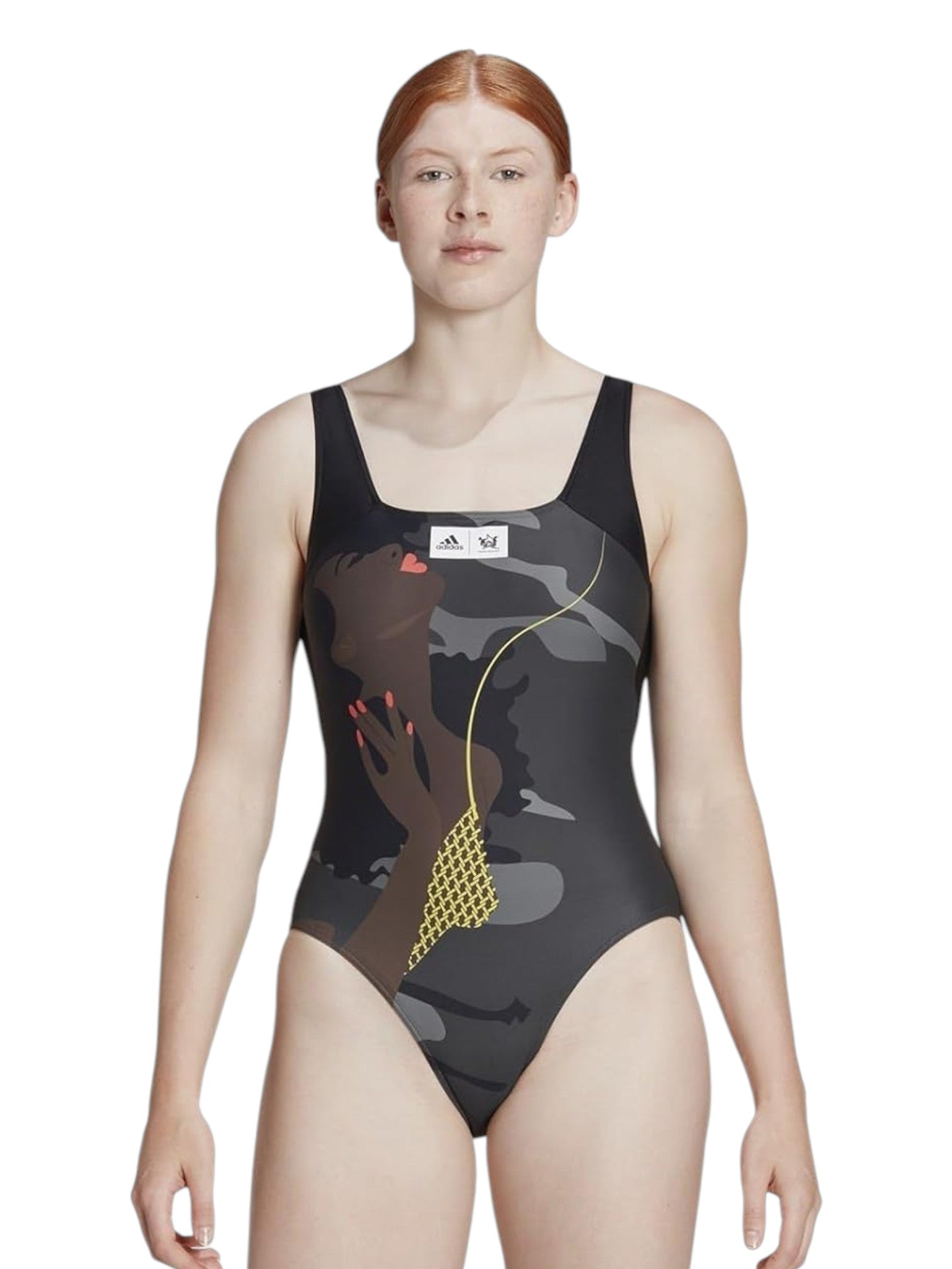 Person wearing a black swimsuit with a pattern on a white background. Adidas, Monza Outlet, Monza Fashion, Shein Outlet