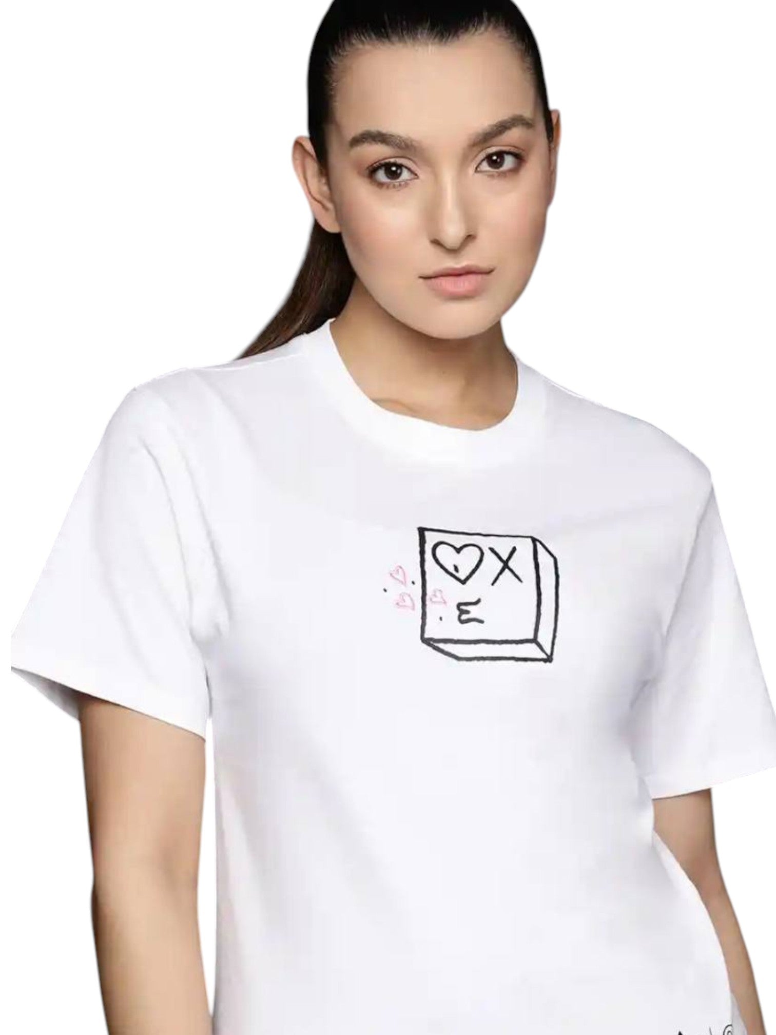 Person wearing a white t-shirt with a graphic design on a plain background. Adidas, Monza Outlet, Monza Fashion, Shein Outlet