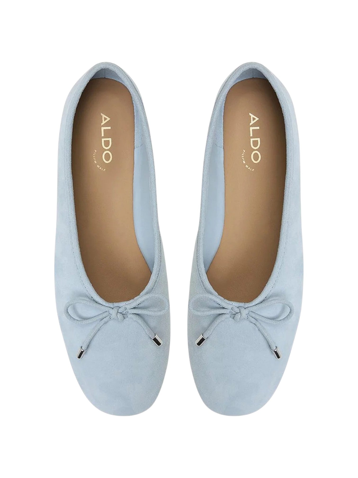 Pair of light blue flats with bow details on a white background, featuring the Aldo brand. Aldo, Monza Outlet, Monza Fashion, Shein Outlet
