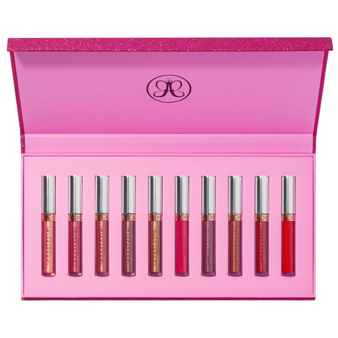 Set of lip glosses in a pink case with a brand logo. Anastasia Monza Outlet