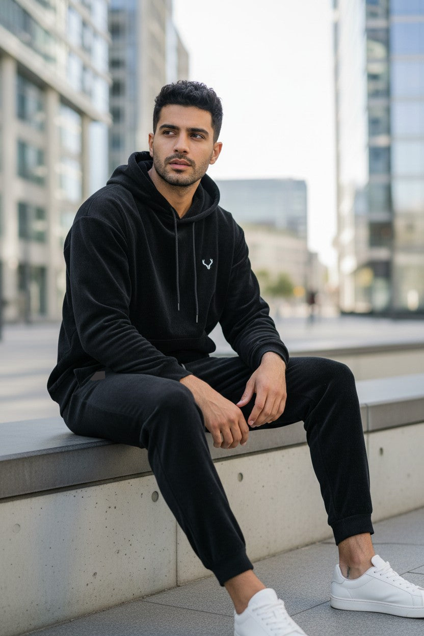 Man wearing a black hoodie and pants sitting on a concrete ledge with blurred cityscape background. Antler, Monza Outlet, Monza Fashion, Shein Outlet