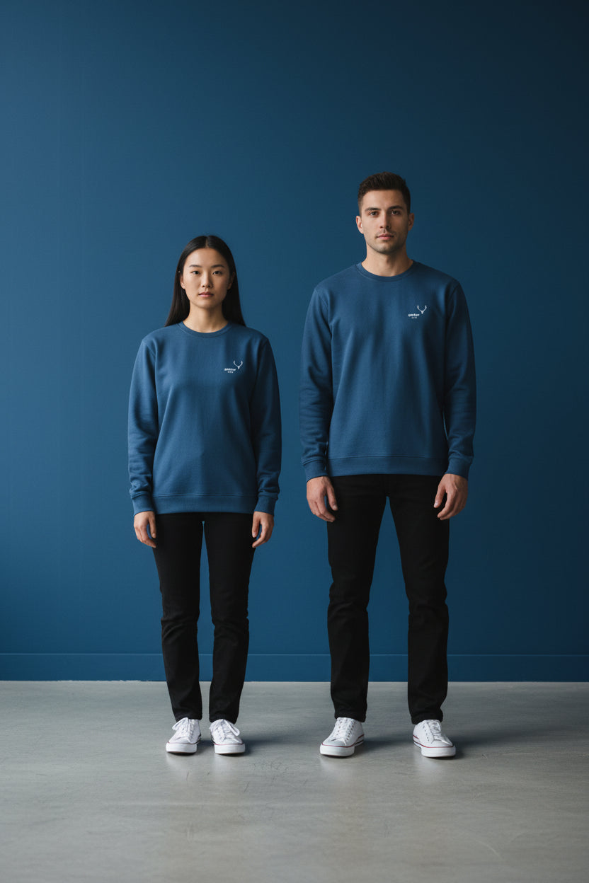 Two people wearing matching blue sweatshirts and black pants against a blue background. Antler, Monza Outlet, Monza Fashion, Shein Outlet