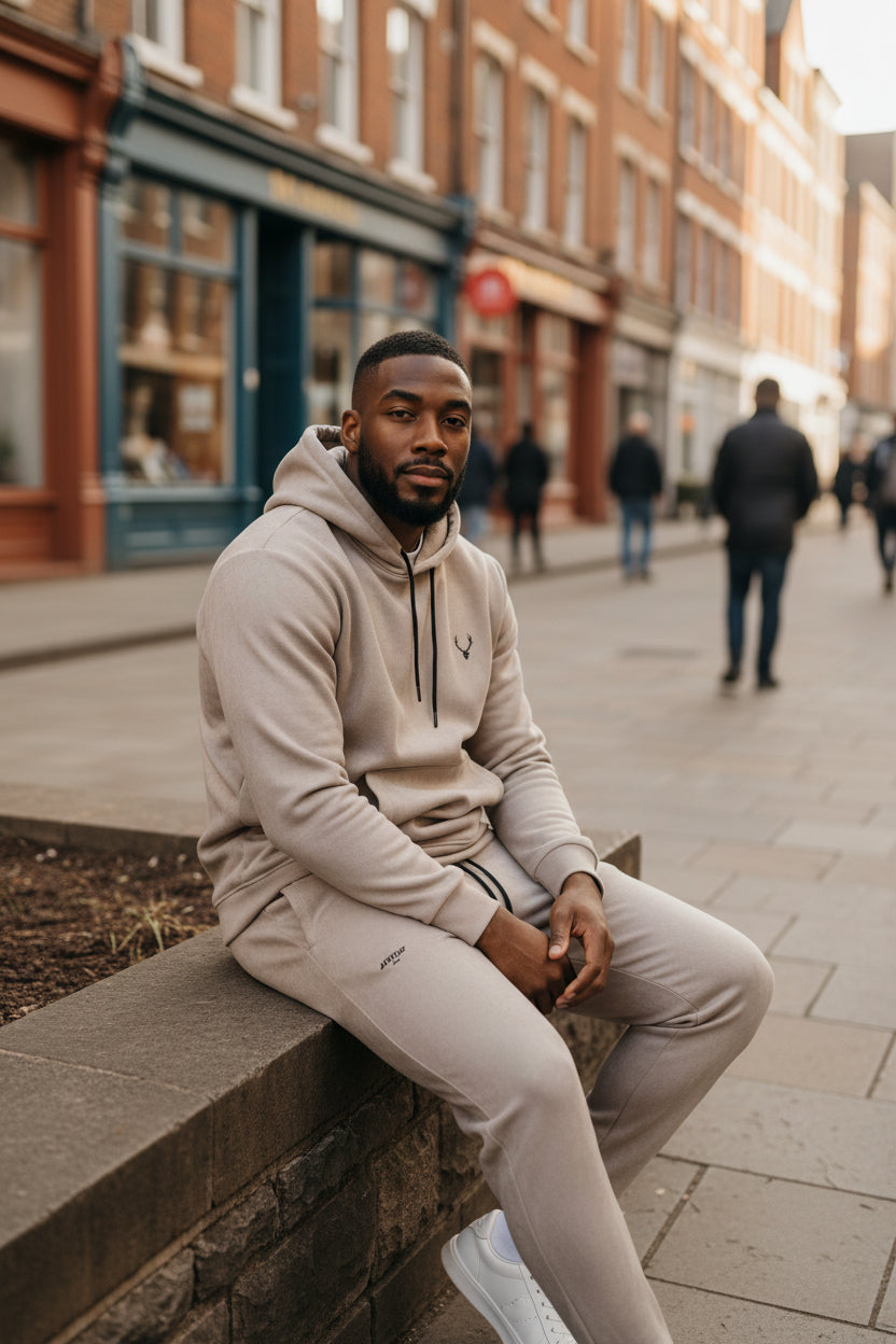 Man sitting on a wall in an urban setting wearing a beige tracksuit. Antler, Monza Outlet, Monza Fashion, Shein Outlet