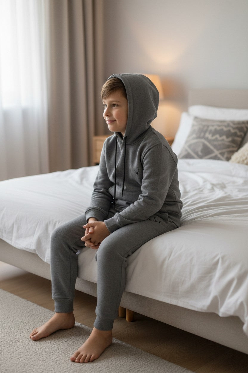 Child wearing a gray hoodie and pants sitting on a bed in a bedroom. Antler, Monza Outlet, Monza Fashion, Shein Outlet