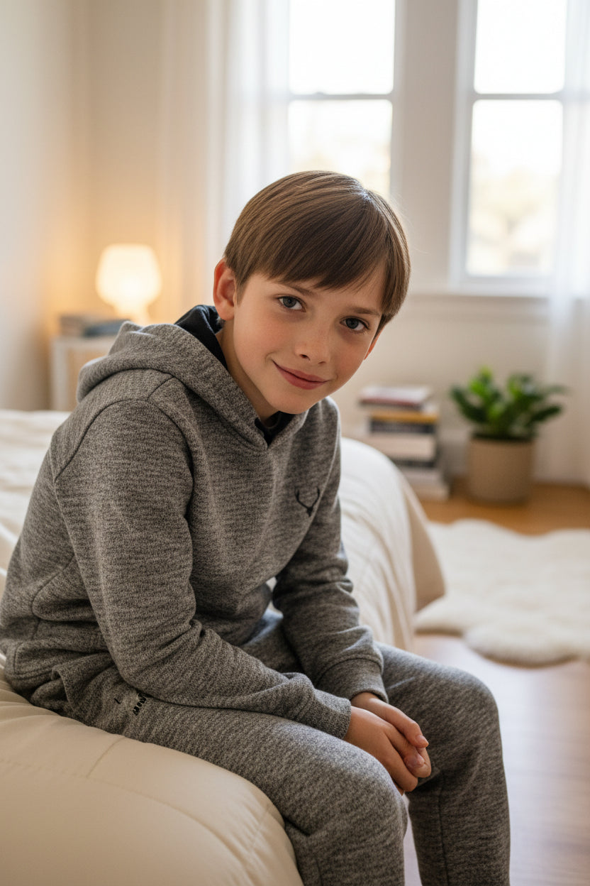 Young boy in a gray hoodie sitting on a couch in a cozy living room. Antler, Monza Outlet, Monza Fashion, Shein Outlet