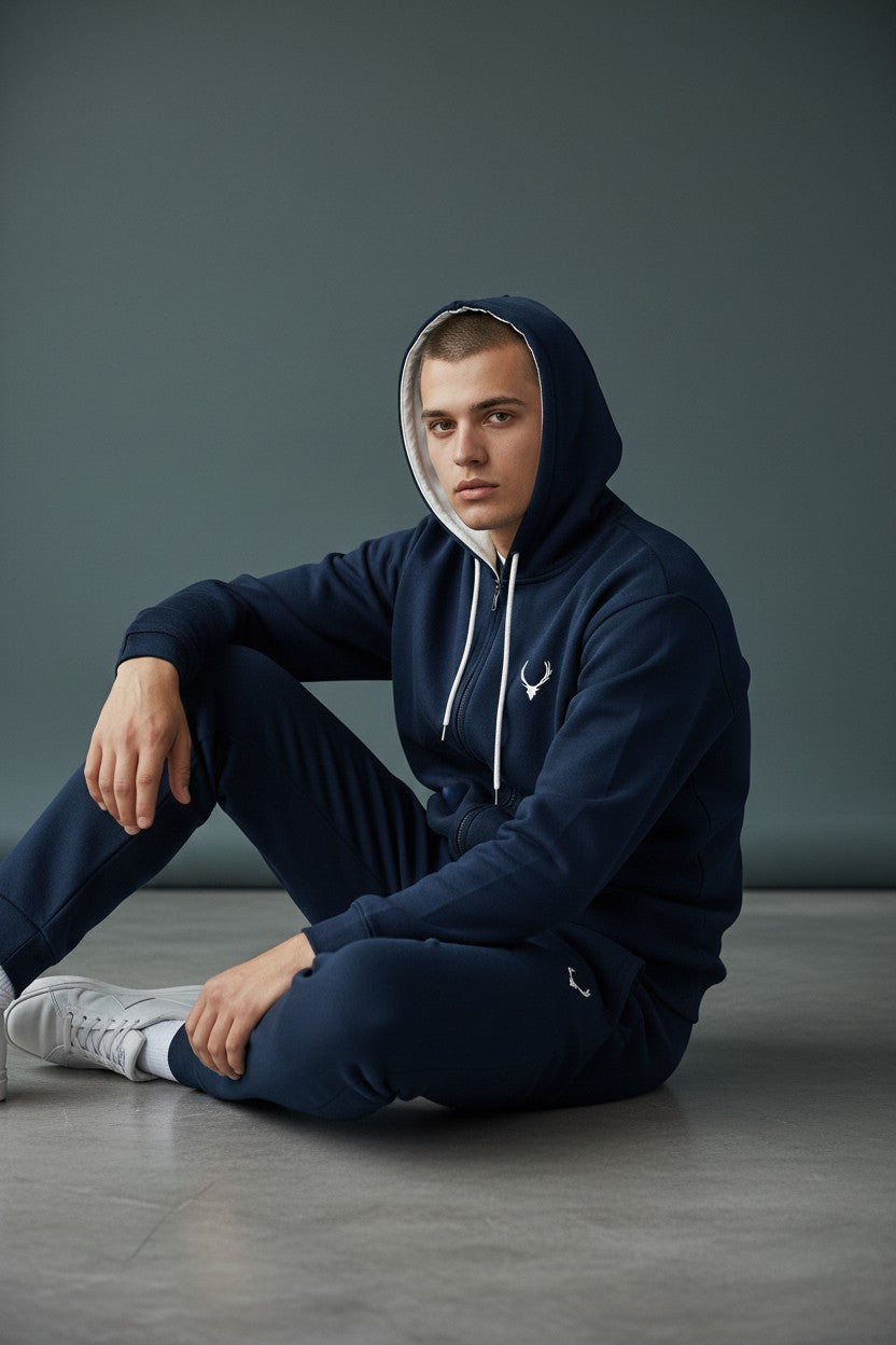 Person wearing a navy blue hoodie with a brand logo, sitting on a gray floor against a gray background. Antler, Monza Outlet, Monza Fashion, Shein Outlet