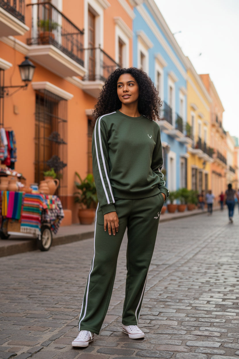 Woman in a green tracksuit standing on a colorful street. Antler, Monza Outlet, Monza Fashion, Shein Outlet