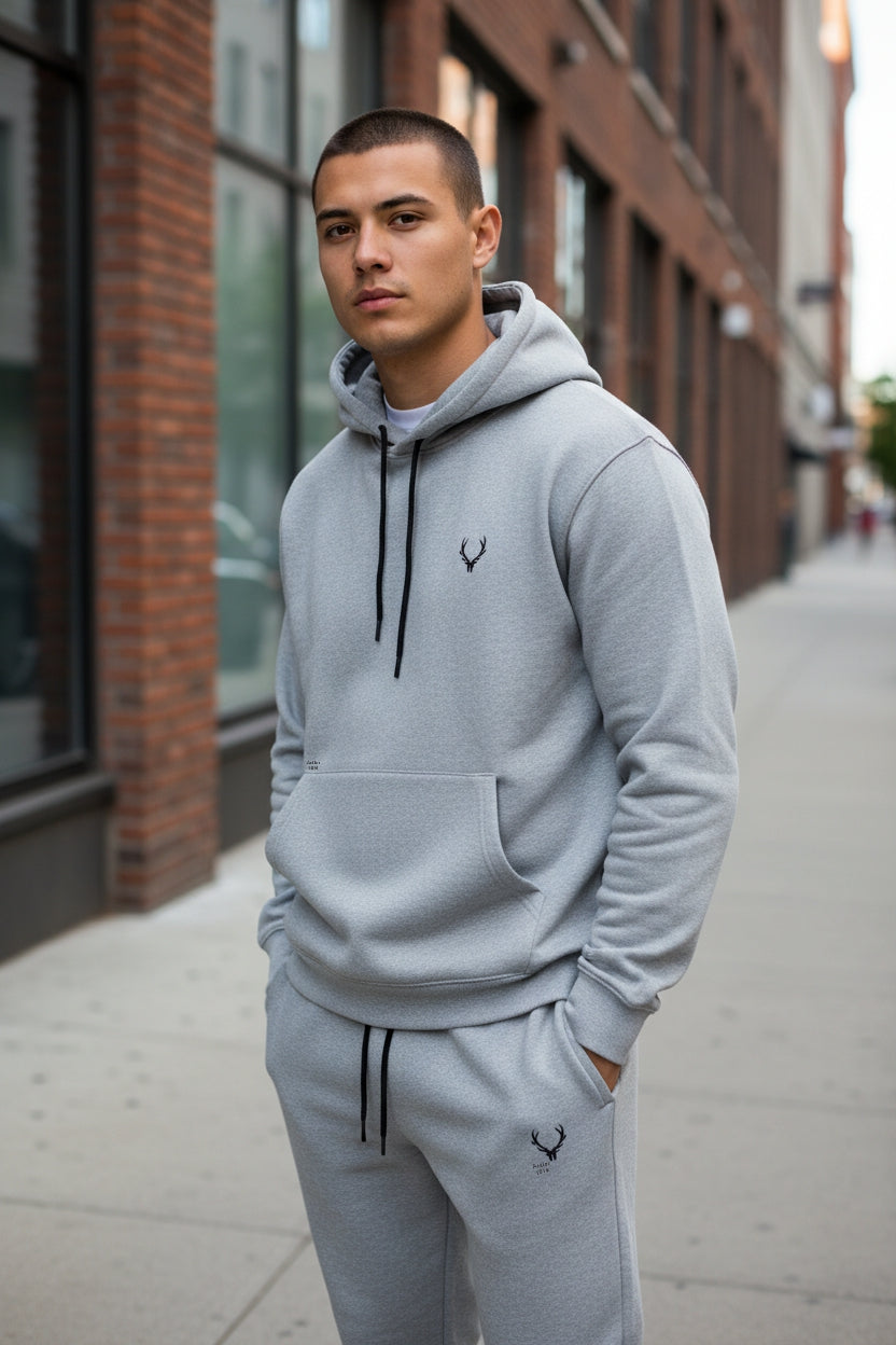 Man wearing a gray hoodie and pants with a logo on a city street. Antler, Monza Outlet, Monza Fashion, Shein Outlet