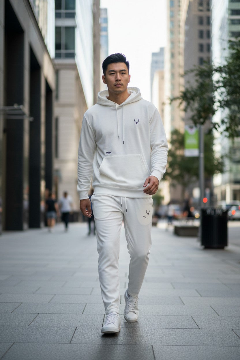Man wearing a white hoodie and pants walking on a city street. Antler, Monza Outlet, Monza Fashion, Shein Outlet