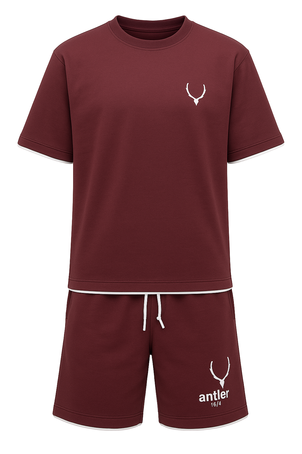 Maroon t-shirt and shorts set with antler logo on a white background Monza Italy Monza Outlet