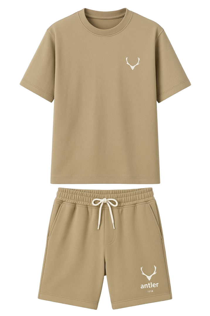 Beige t-shirt and shorts set with a logo on a white background Monza Italy Monza Outlet