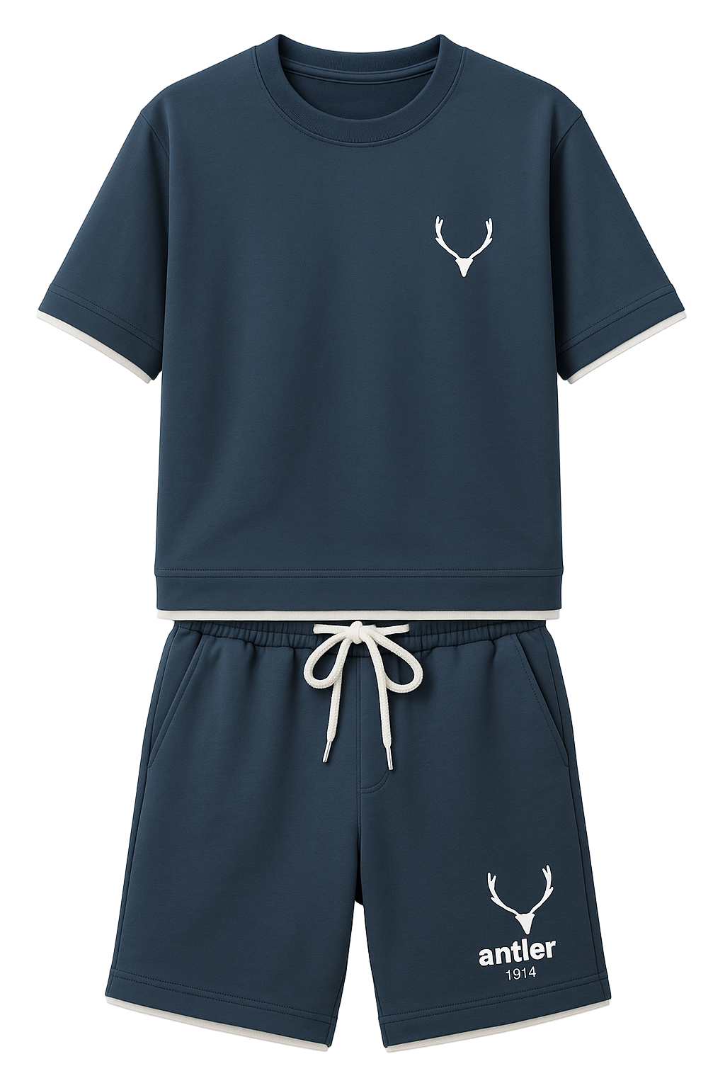 Navy blue t-shirt and shorts set with antler logo on a white background Monza Italy Monza Outlet