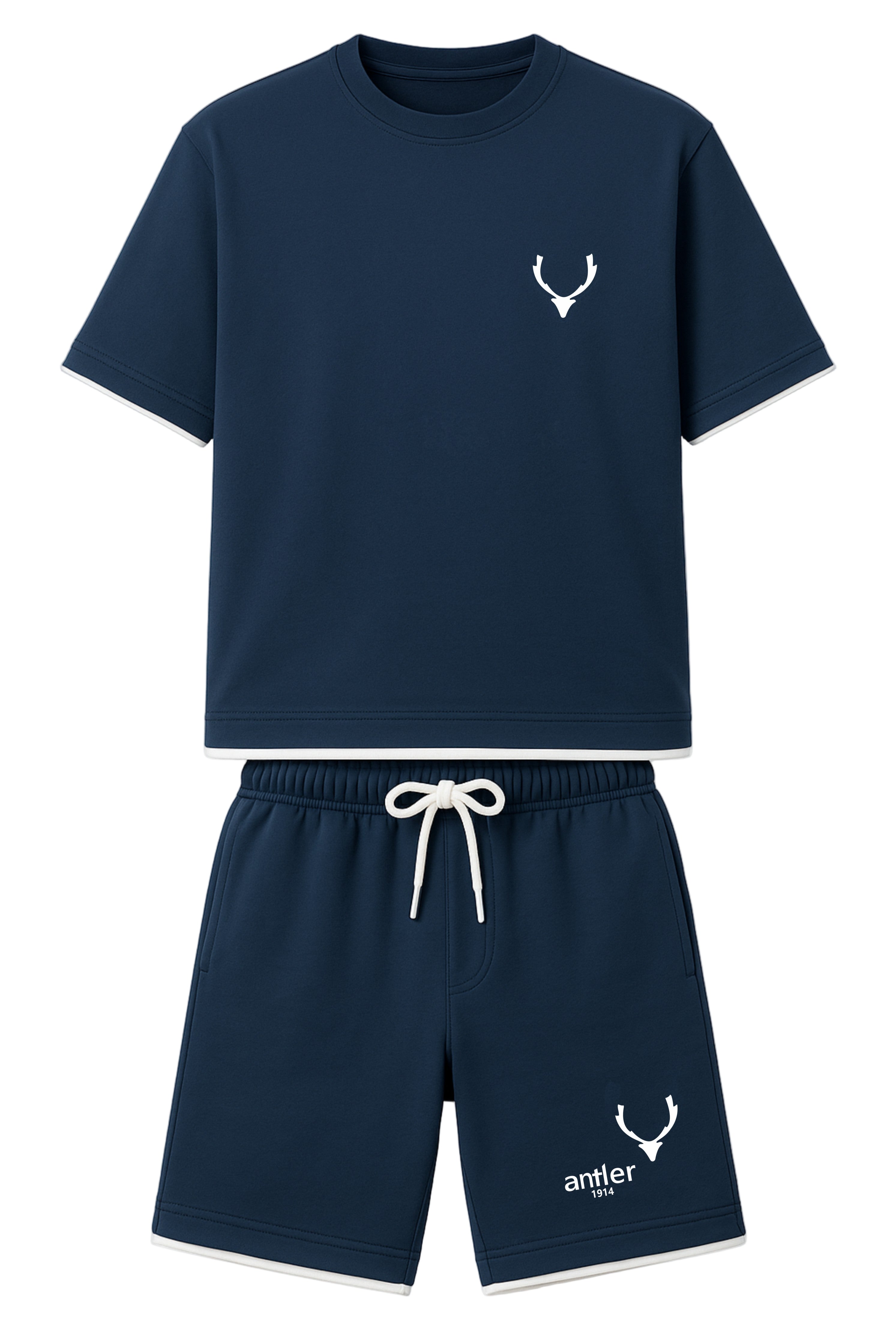 Navy blue t-shirt and shorts set with white logo on a white background Monza Italy Monza Outlet