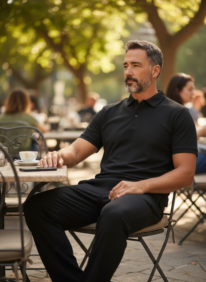 Man sitting outdoors at a cafe table with a cup of coffee. Antler, Monza Outlet, Monza Fashion, Shein Outlet