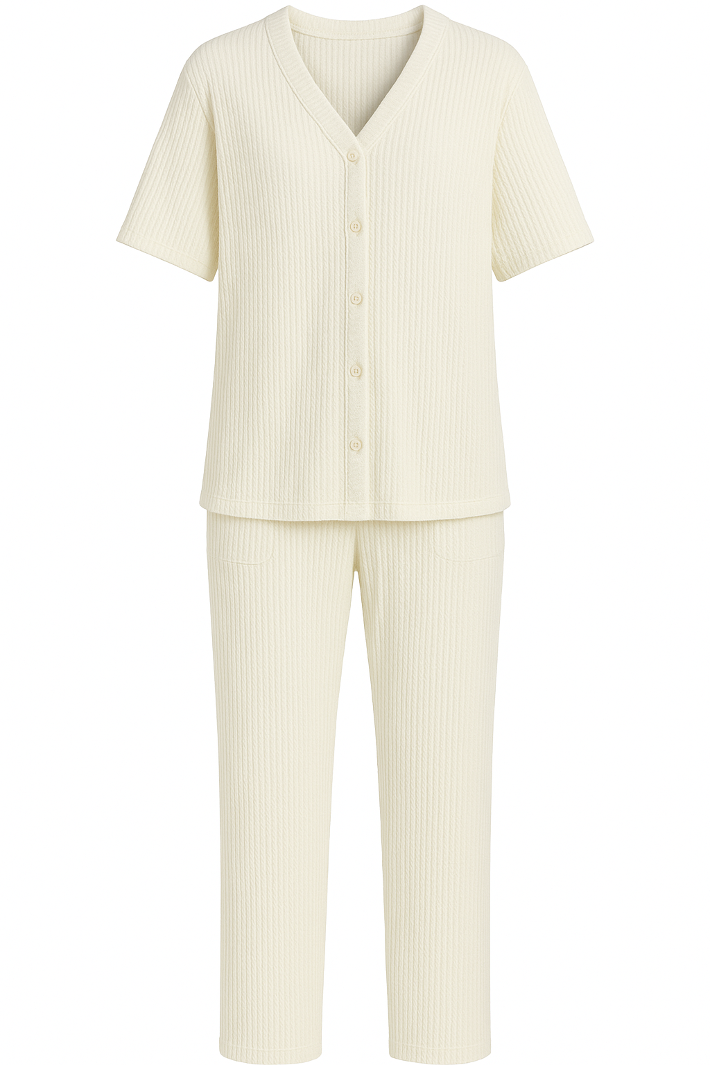 Cream-colored outfit with a top and pants on a white background. Antler Monza Outlet