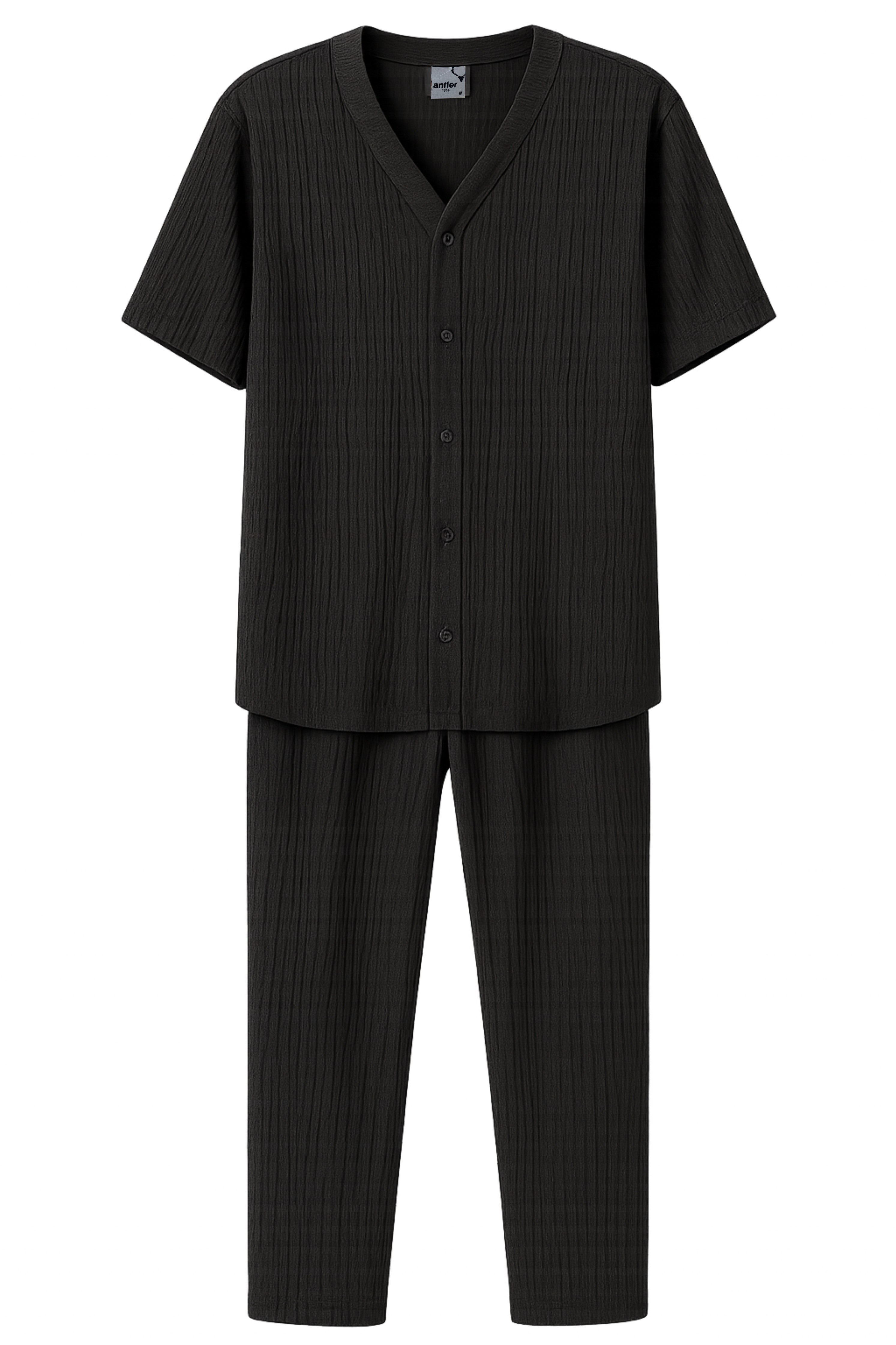 Black ribbed pajama set on a white background. Antler Monza Outlet