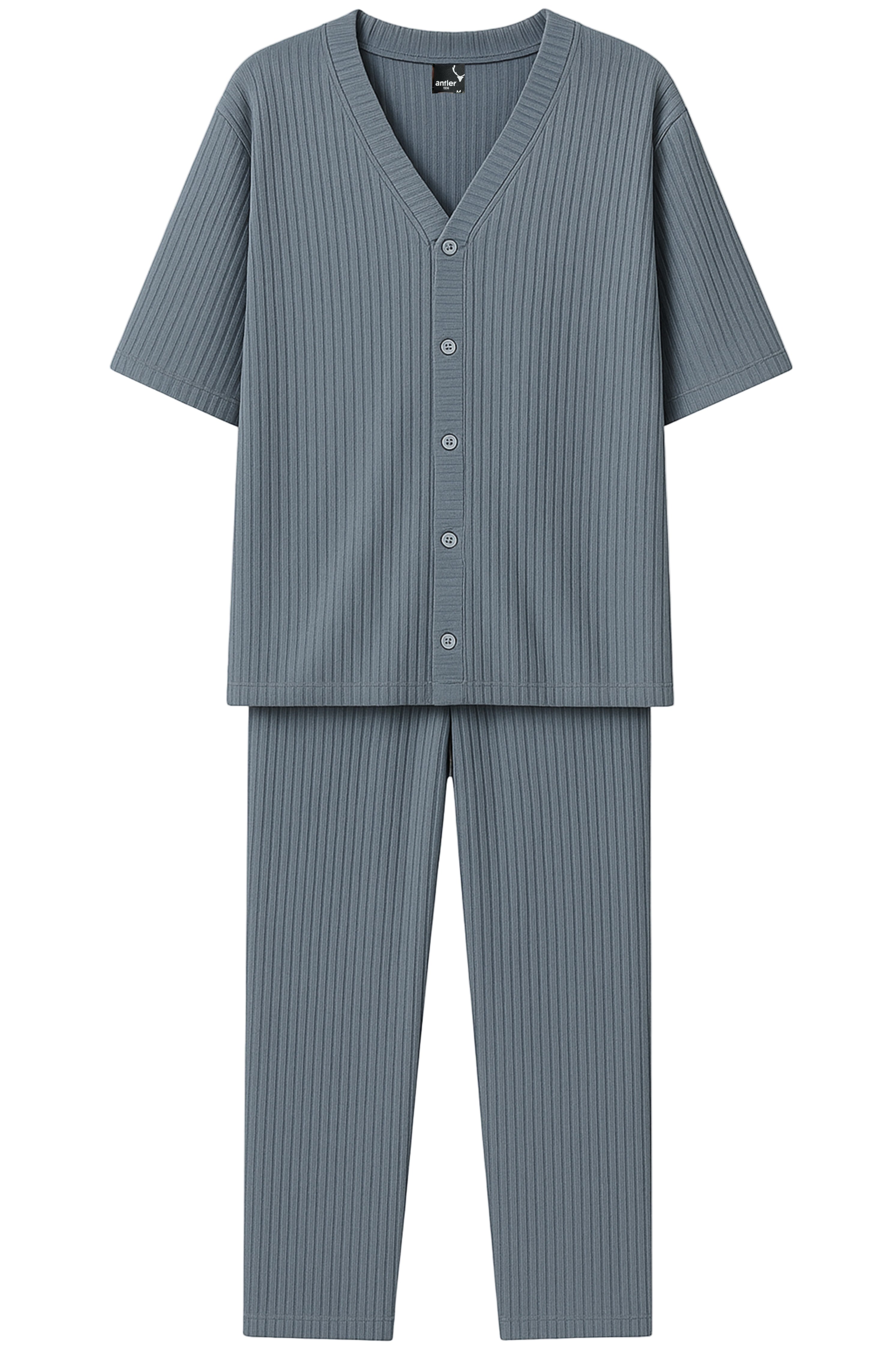 Gray ribbed pajama set on a white background. Antler Monza Outlet