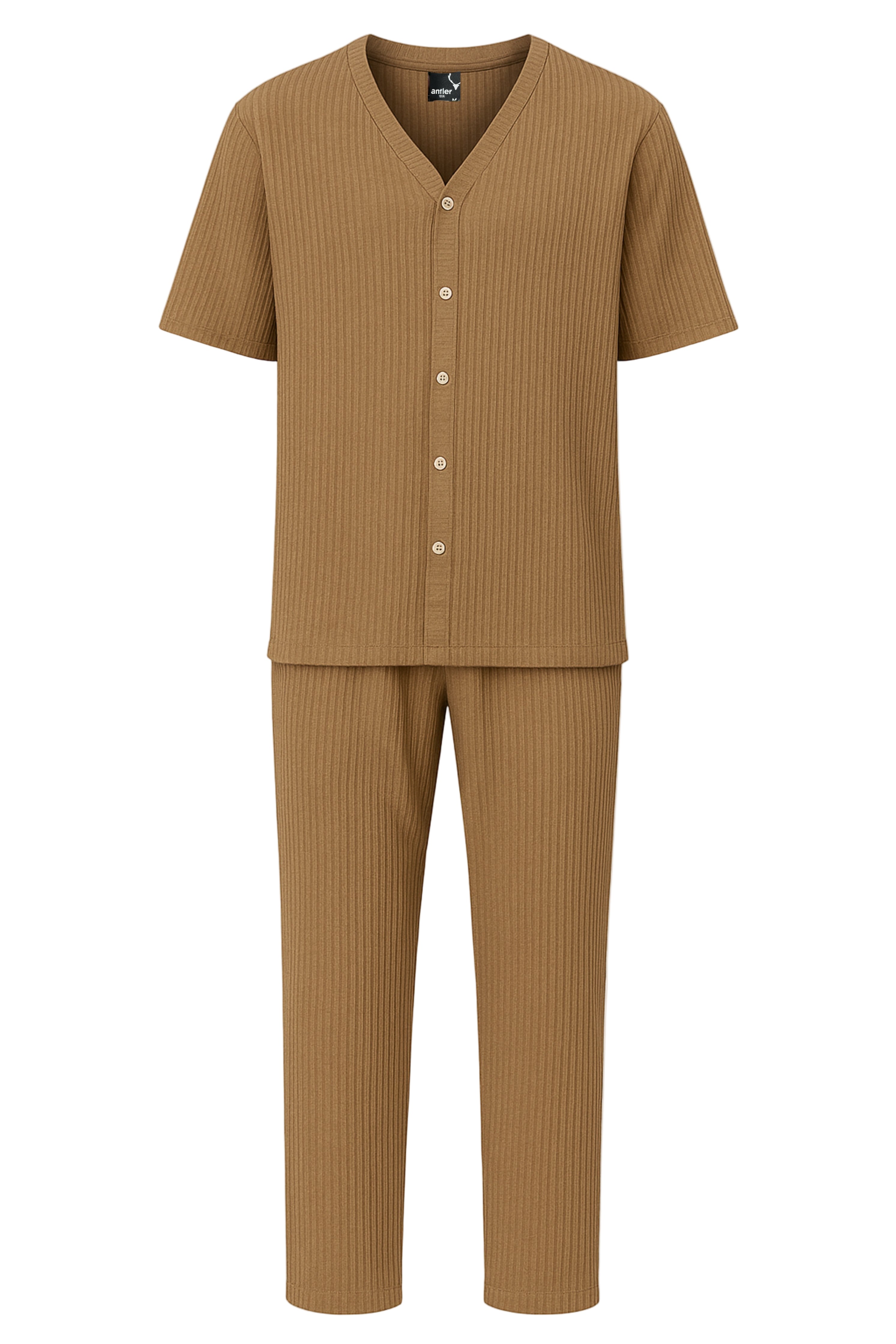 Brown ribbed pajama set on a white background. Antler Monza Outlet