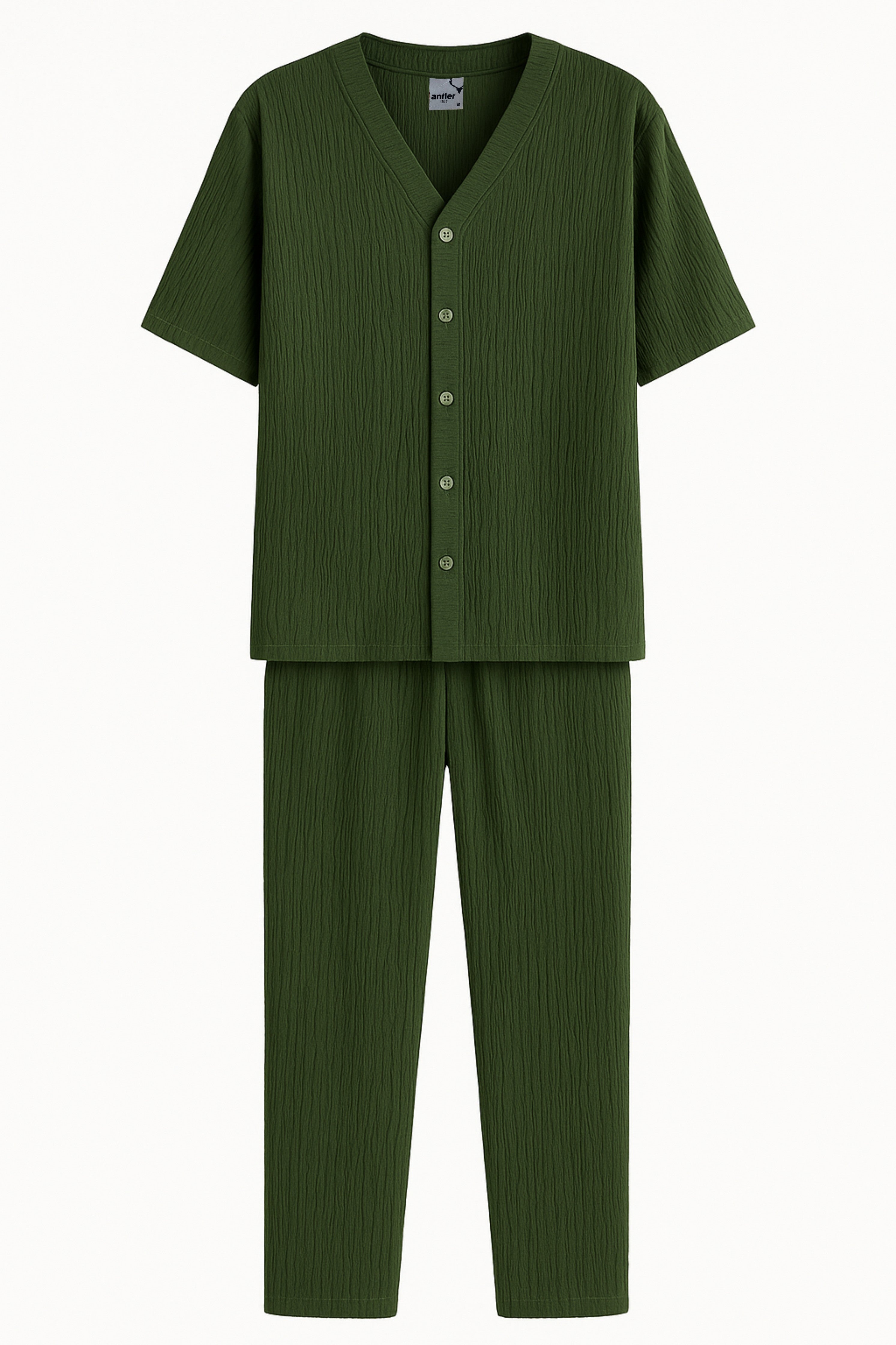 Green ribbed pajama set on a white background. Antler Monza Outlet