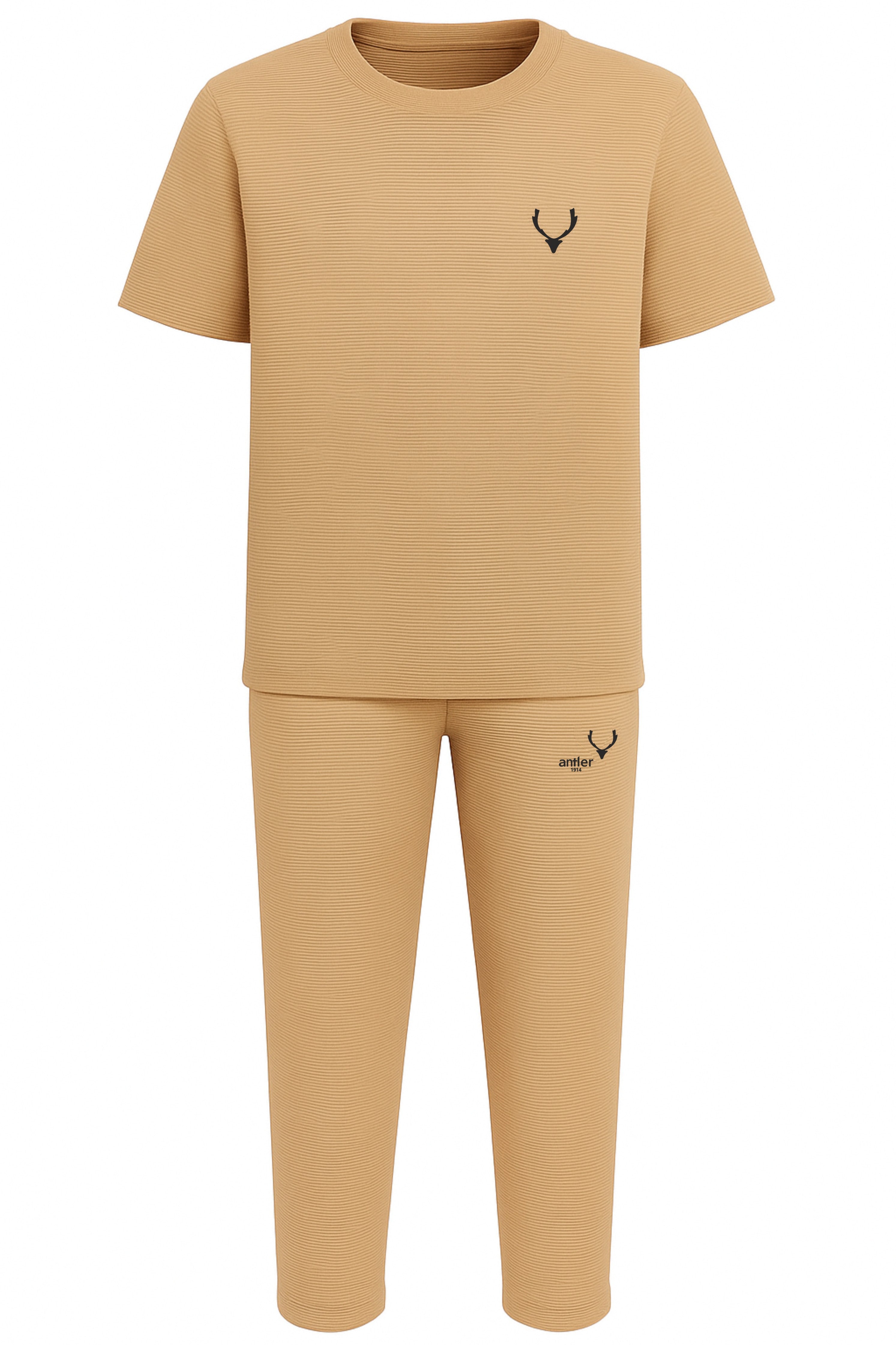 Beige t-shirt and pants set with a logo on a white background Antler Monza Italy Monza Outlet