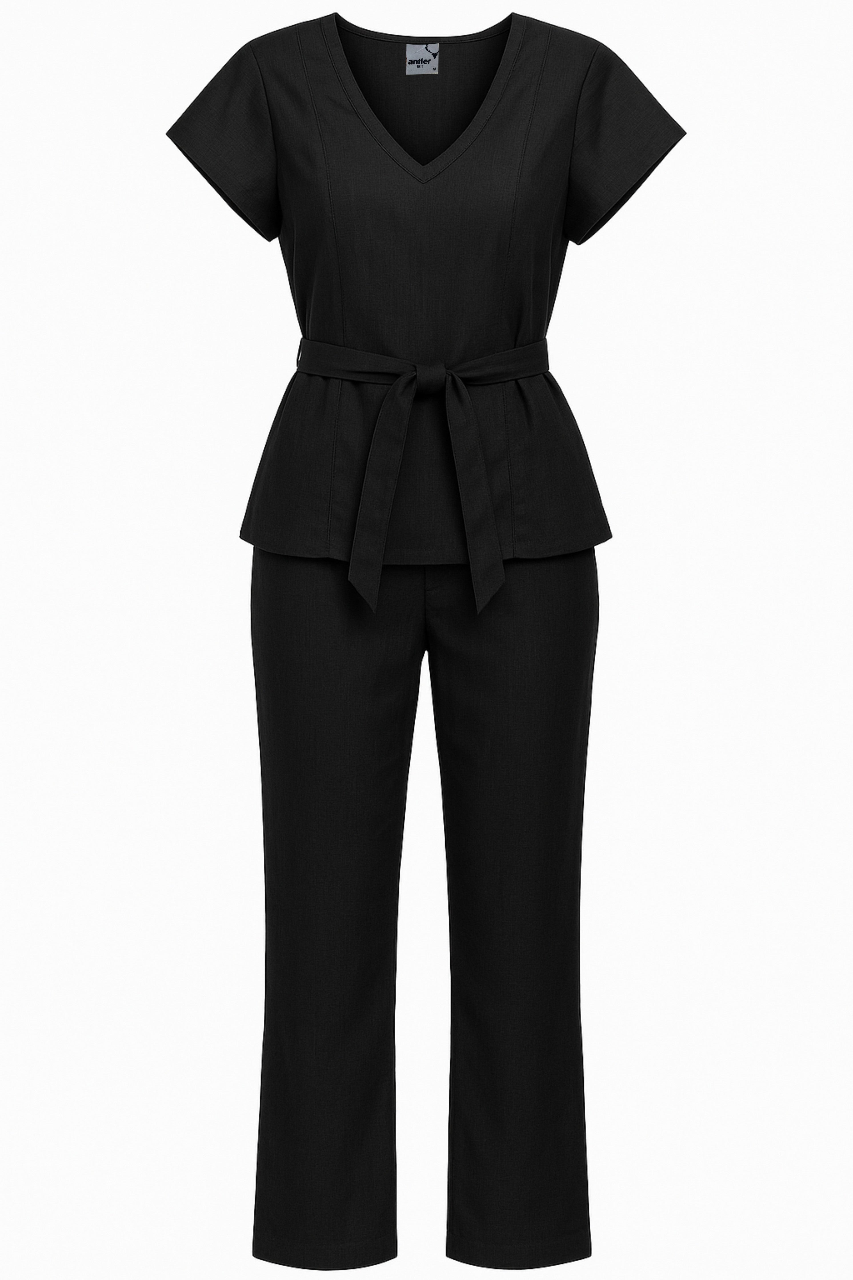 Black peplum top and pants set on a white background. Antler Monza Outlet