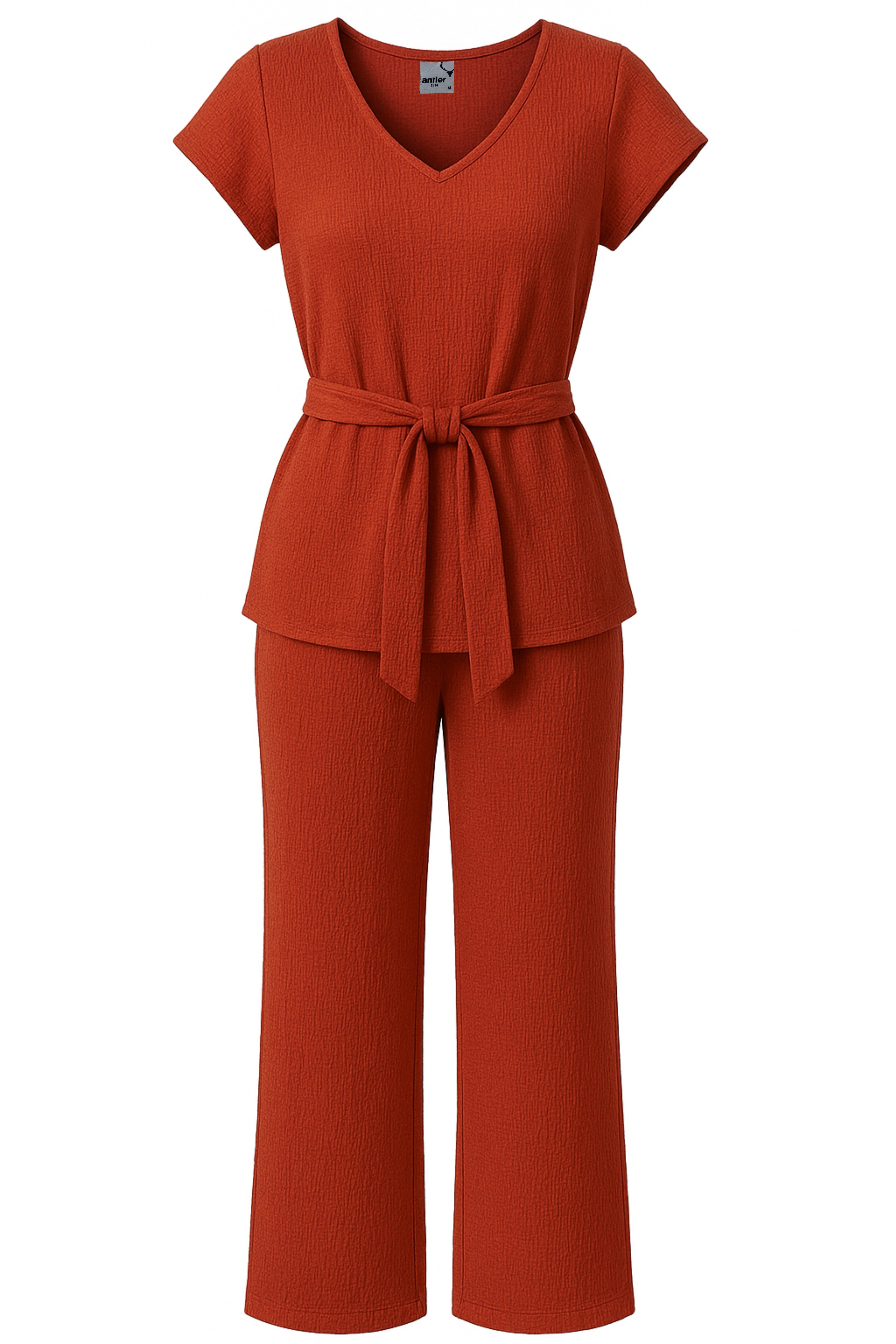 Red jumpsuit with a belt on a white background. Antler Monza Outlet