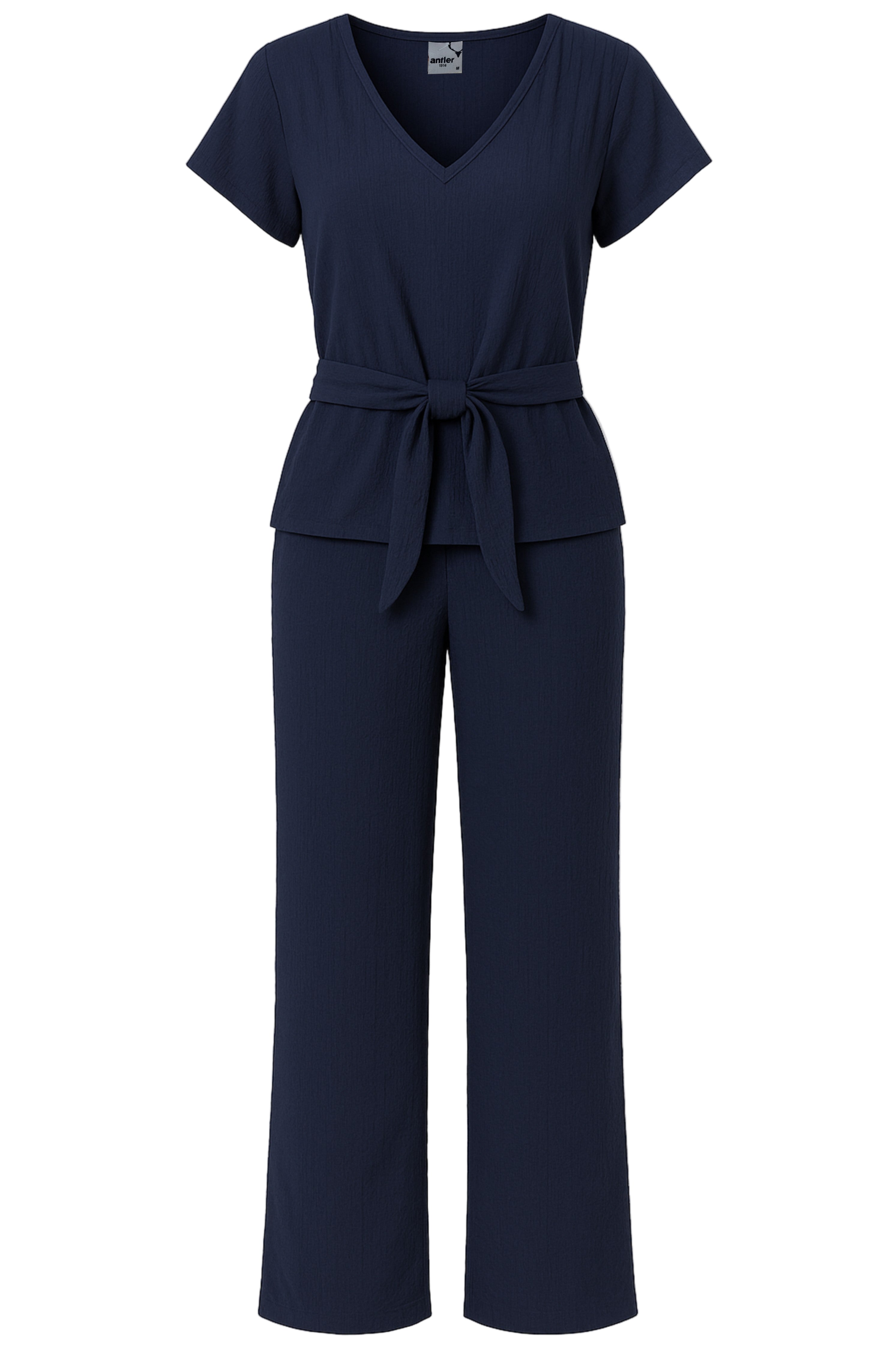 Navy blue jumpsuit with a tie waist on a white background. Antler Monza Outlet