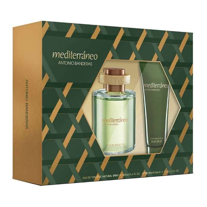 Antonio Banderas Mediterraneo perfume set packaging with green and gold design. Monza Outlet