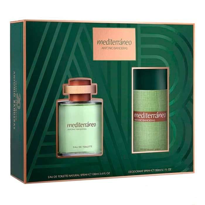 Mediterráneo perfume set packaging with green bottles and brown cap on a white background Antonio Banderas Mediterraneo Monza Outlet