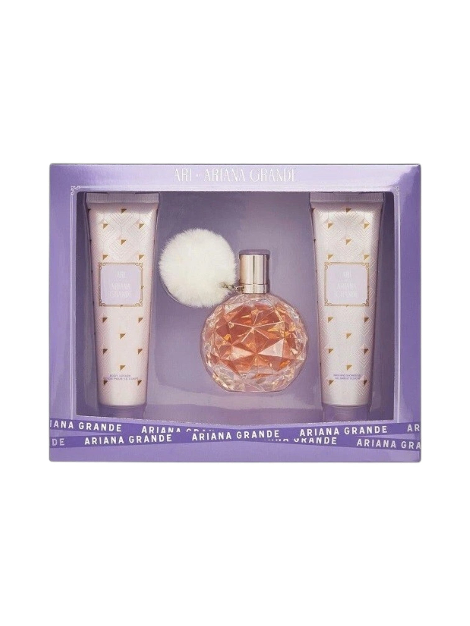 Ariana Grande perfume set in a purple box with two bottles and a fluffy applicator. Ariana Grande, Monza Outlet, Monza Fashion, Shein Outlet