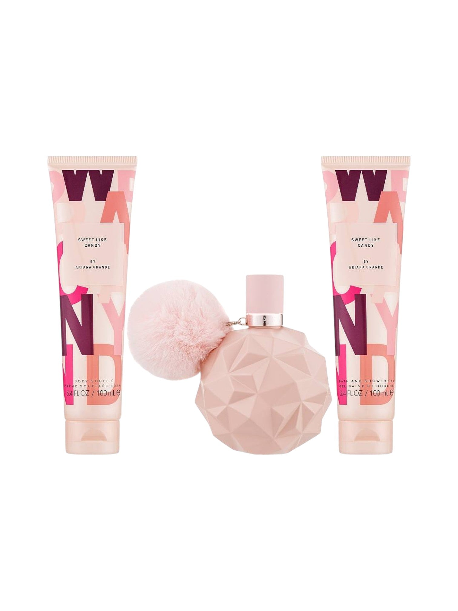 Pink perfume bottle with two matching lotion bottles on a white background, Ariana Grande Sweet Like Candy, Monza Outlet, Monza Fashion, Shein Outlet