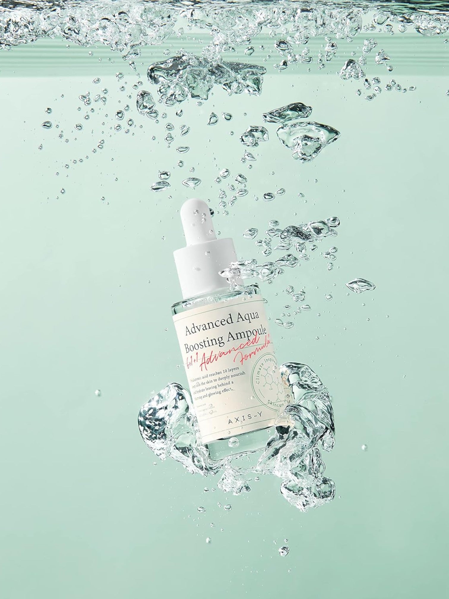 Skincare ampoule bottle with ice cubes on a light green background. Axis-y, Monza Outlet, Monza Fashion, Shein Outlet