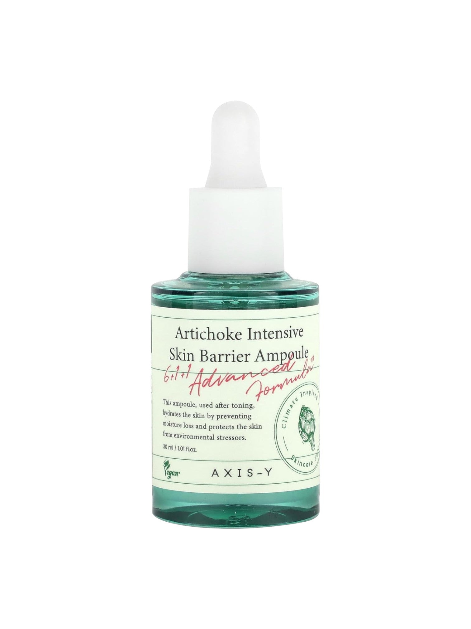 Bottle of Artichoke Intensive Skin Barrier Ampoule with dropper on a white background. Axis-y, Monza Outlet, Monza Fashion, Shein Outlet