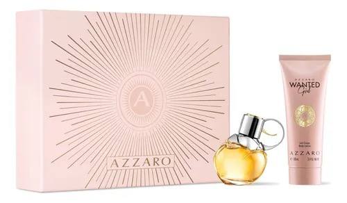Azzaro perfume set with a pink box, bottle, and tube on a white background. Monza Outlet