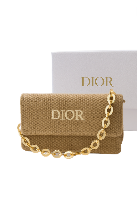 Brown handbag with gold chain and Dior logo on a white background. Monza Outlet