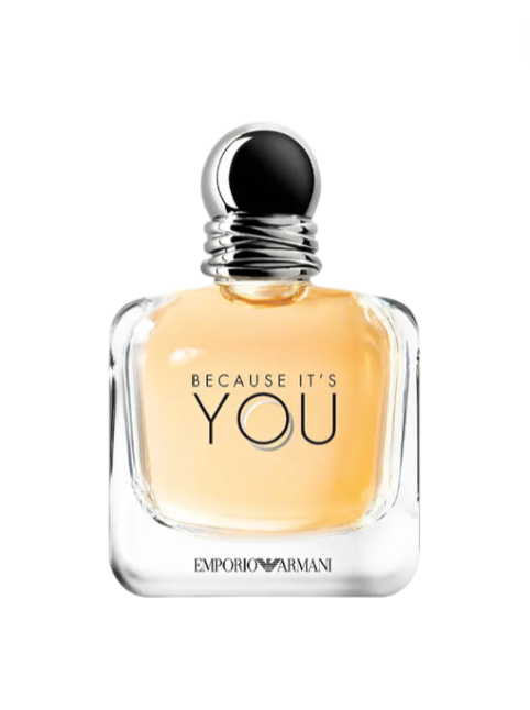 Perfume bottle with Because It's You text and Emporio Armani logo on a white background. Monza Outlet