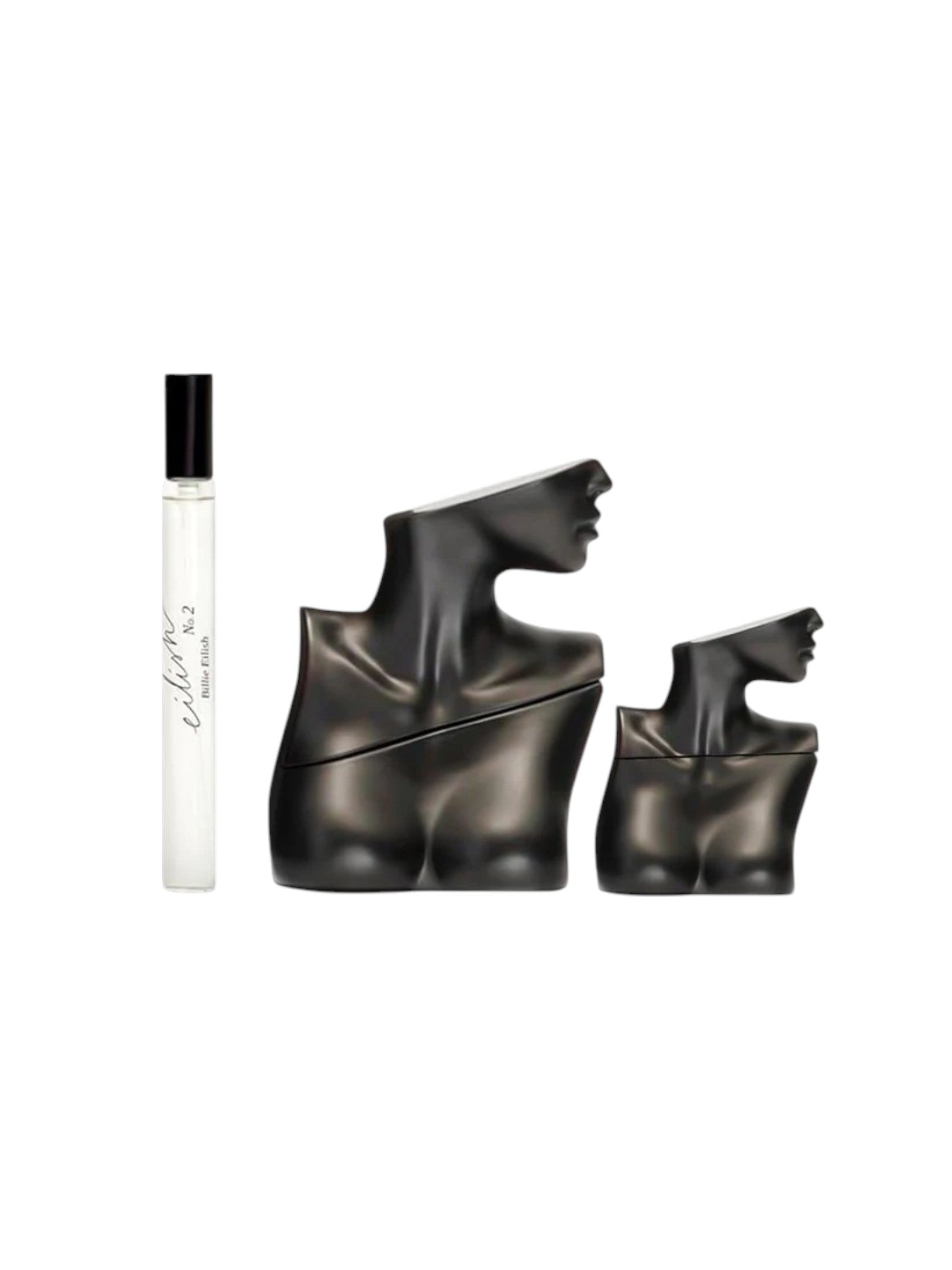 Billie Eilish perfume set with bottles and packaging on a white background. Billie Eilish, Monza Outlet, Monza Fashion, Shein Outlet