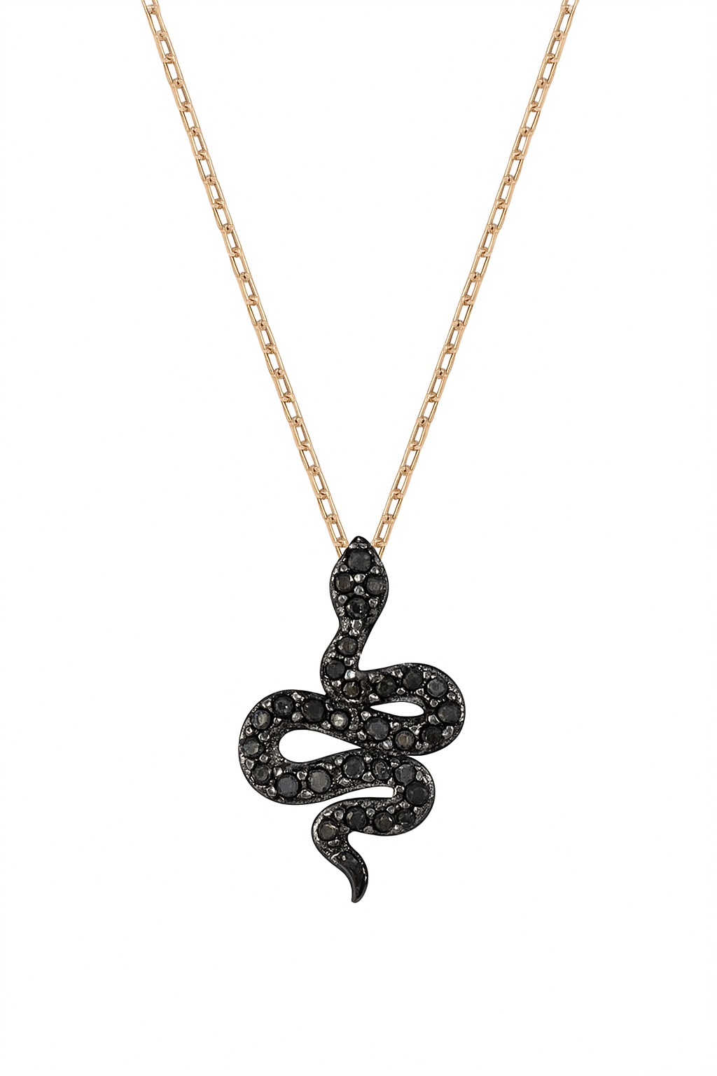 Snake-shaped pendant necklace with black stones on a gold chain against a white background Swarovski Monza Outlet