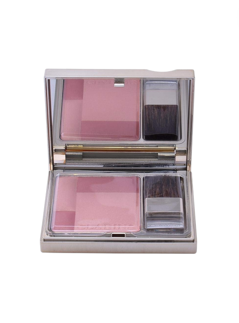 Makeup compact with pink blush and brush on a white background Clarins Monza Outlet, Monza Fashion, Shein Outlet