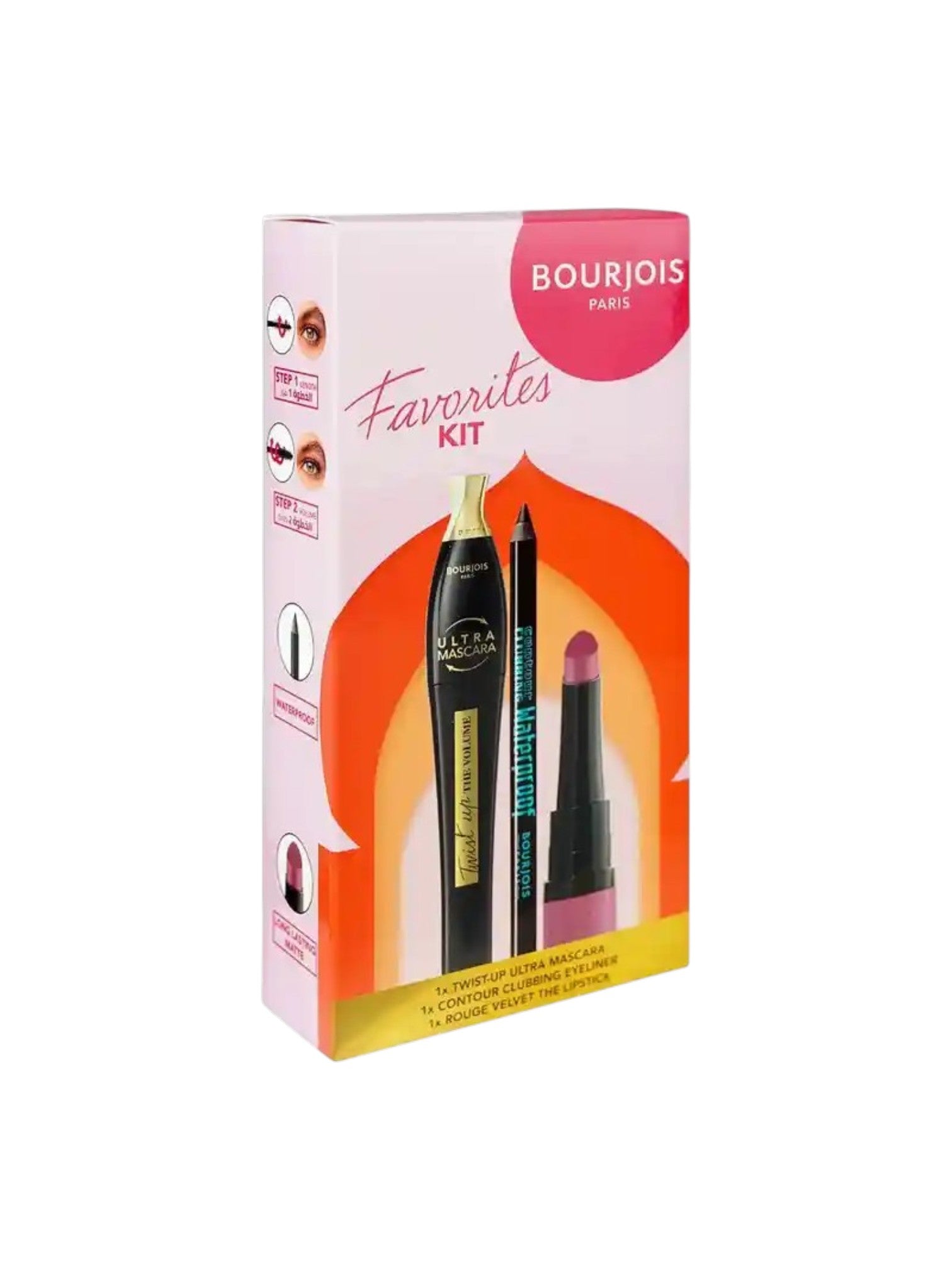 Bourjois Favorites Kit – Twist Up Mascara, Waterproof Eyeliner & Long-Lasting Matte Lipstick (3 Pieces)